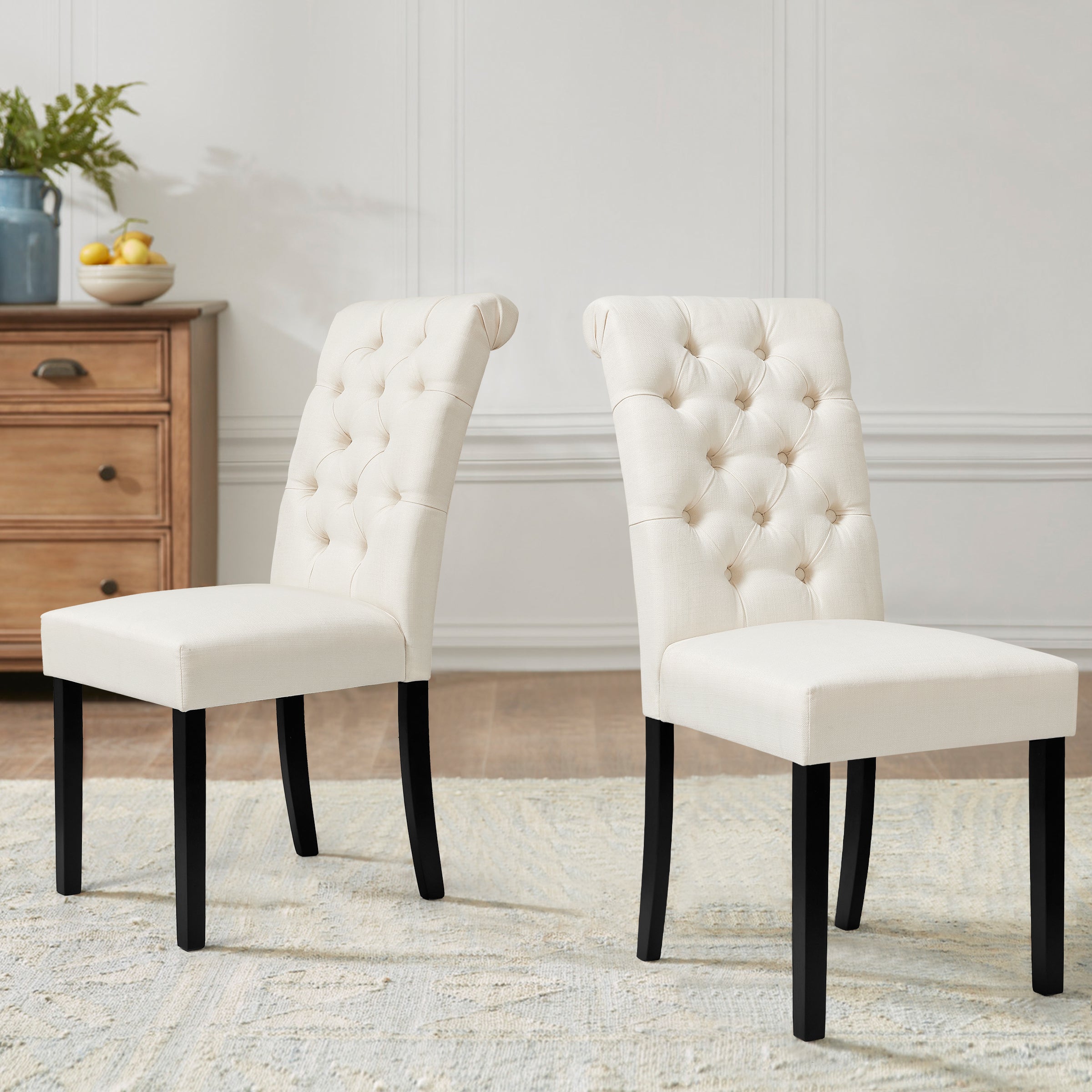 2pk Button-Tufted Linen Parsons Dining Chairs