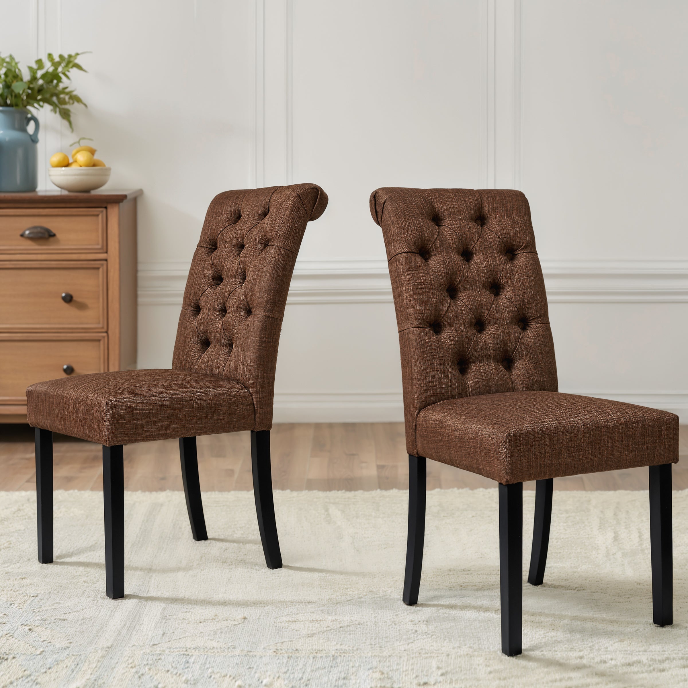 2pk Button-Tufted Linen Parsons Dining Chairs