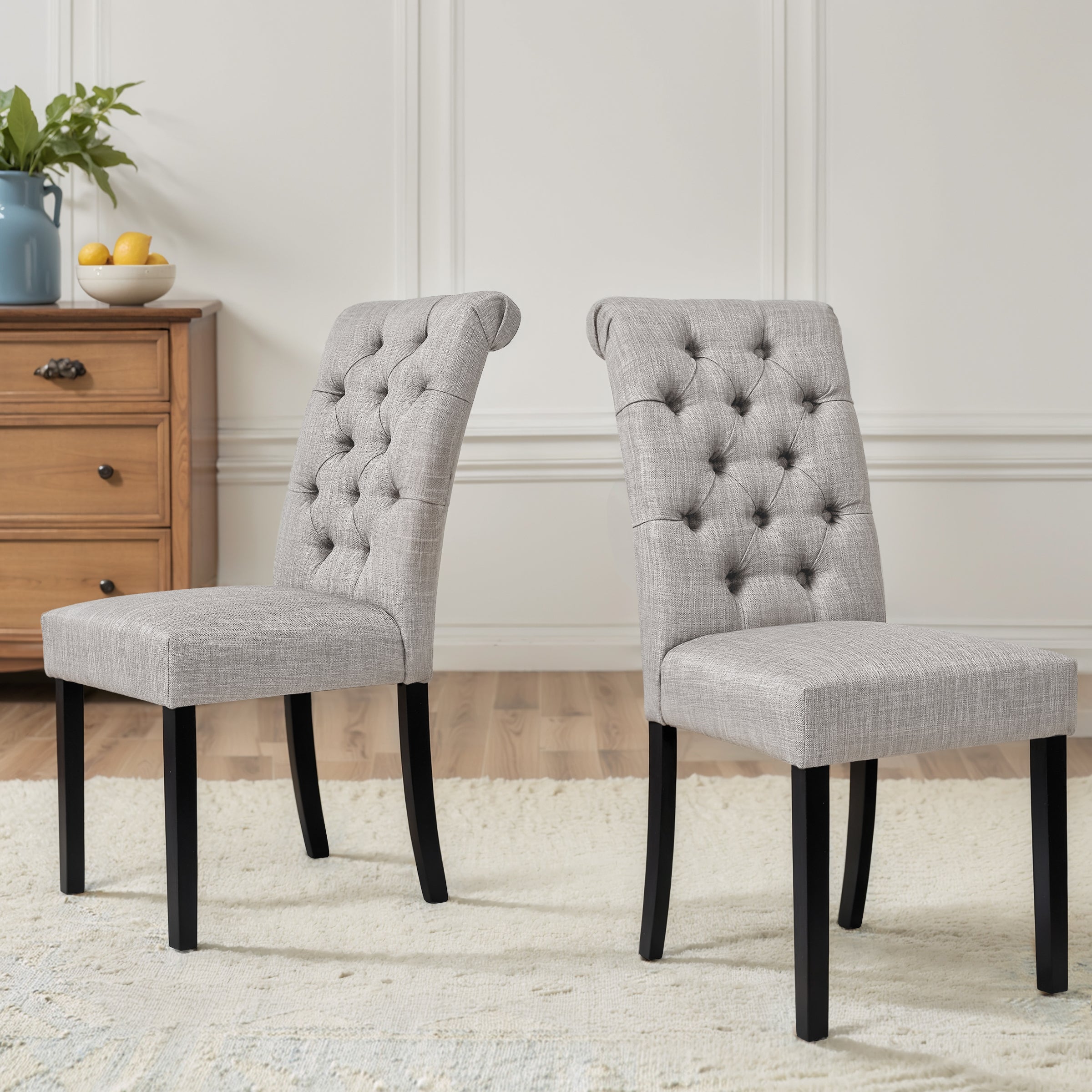 2pk Button-Tufted Linen Parsons Dining Chairs