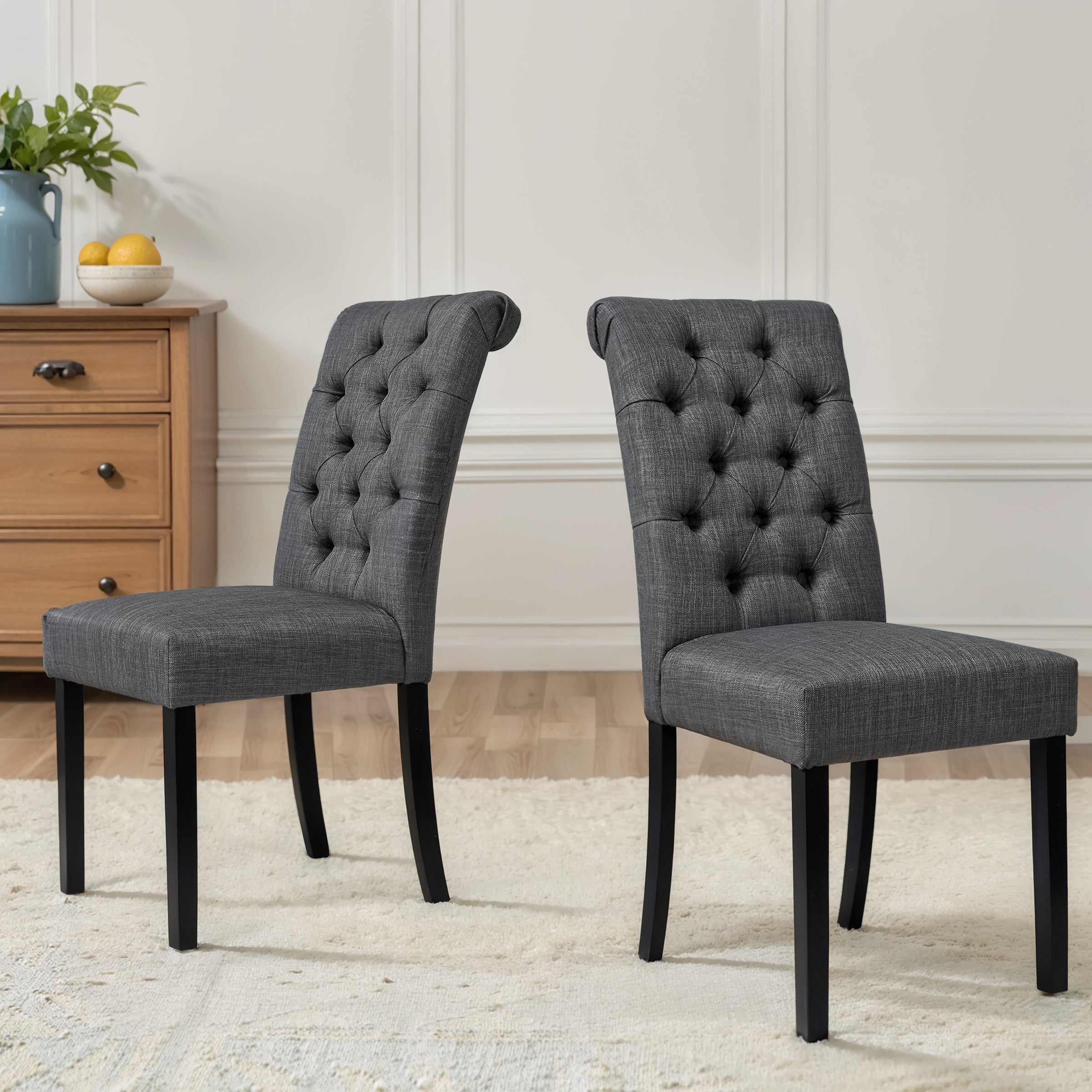 2pk Button-Tufted Linen Parsons Dining Chairs