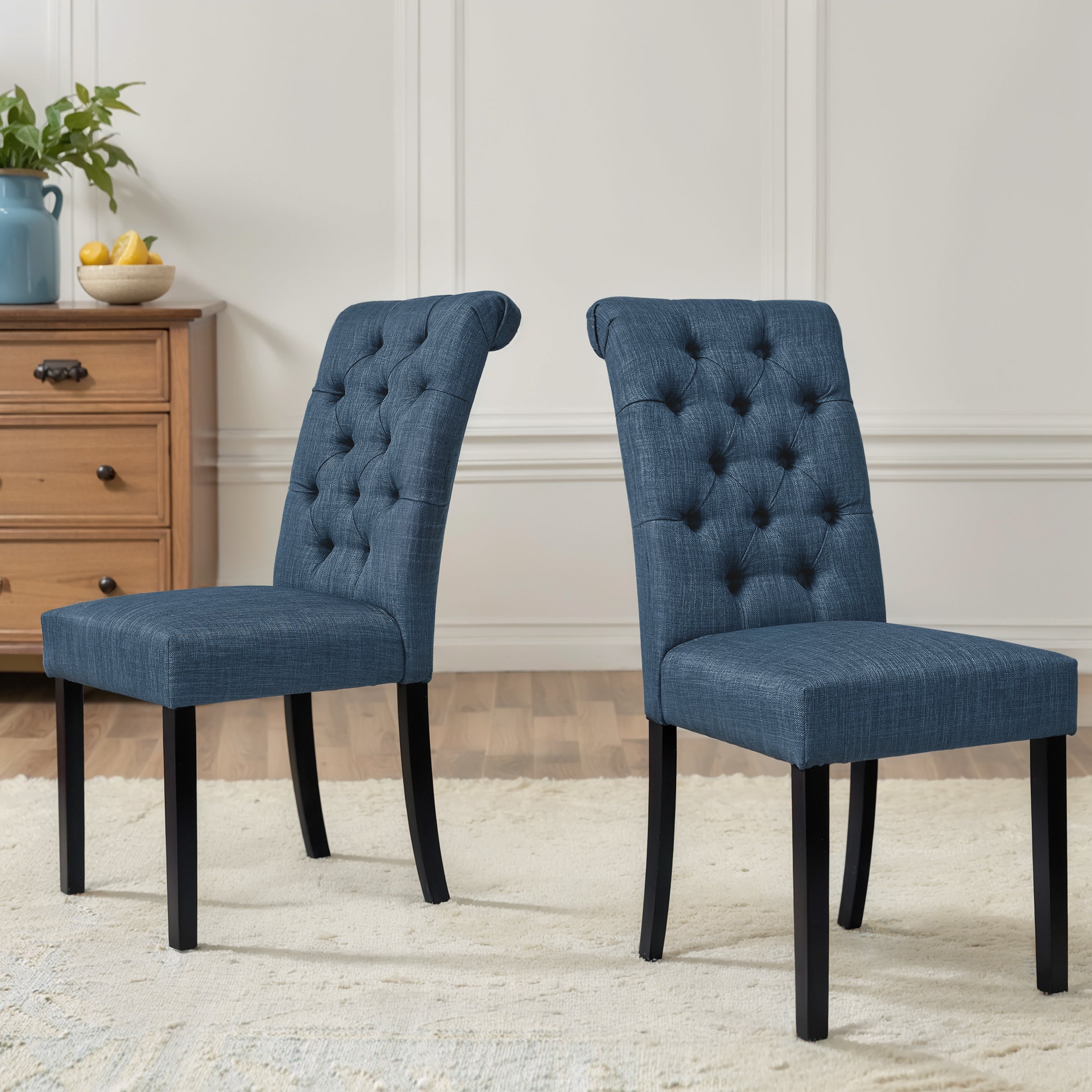 2pk Button-Tufted Linen Parsons Dining Chairs